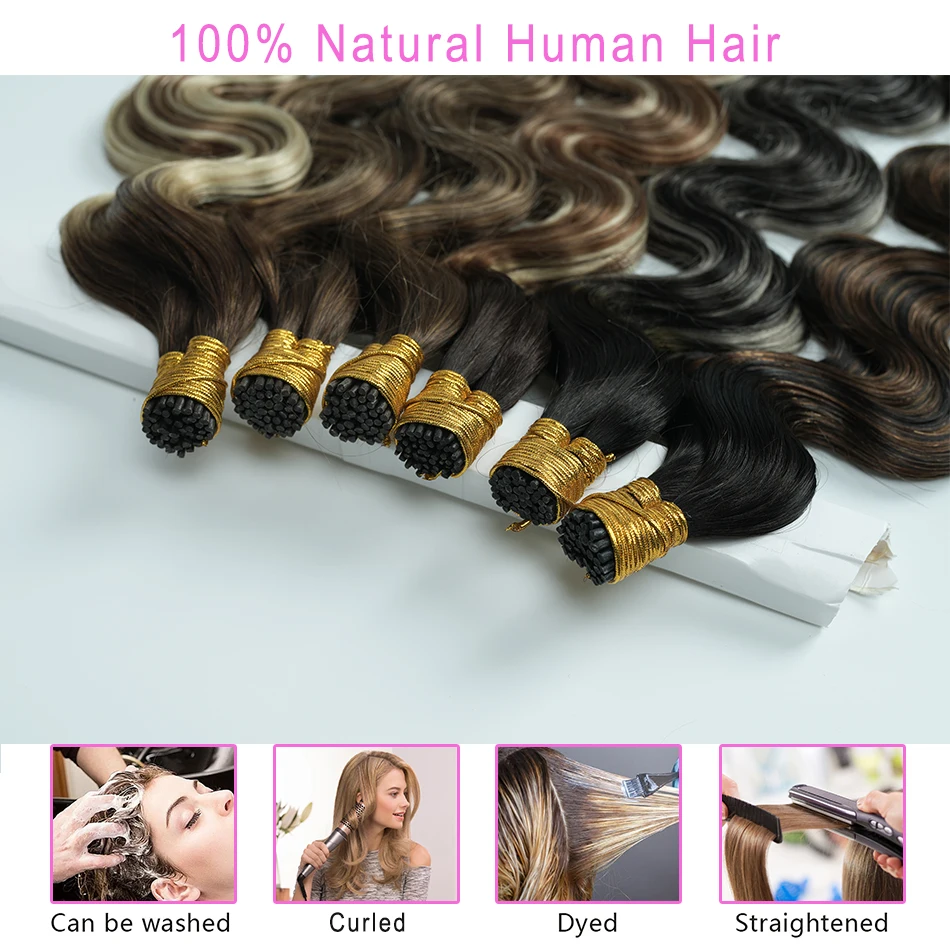 Extensions de cheveux naturels Body Wave Itip, # P4/27, reflets bruns avec blond, kératine, I Tip, Fusion froide, 50/100 brins