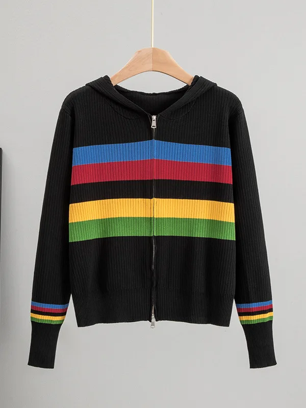 

Slimming Hooded Knitwear Long Sve Rainbow Color Blo Women's Faion Autumn Cardigan Sli Casual Comfortable Sweatirt