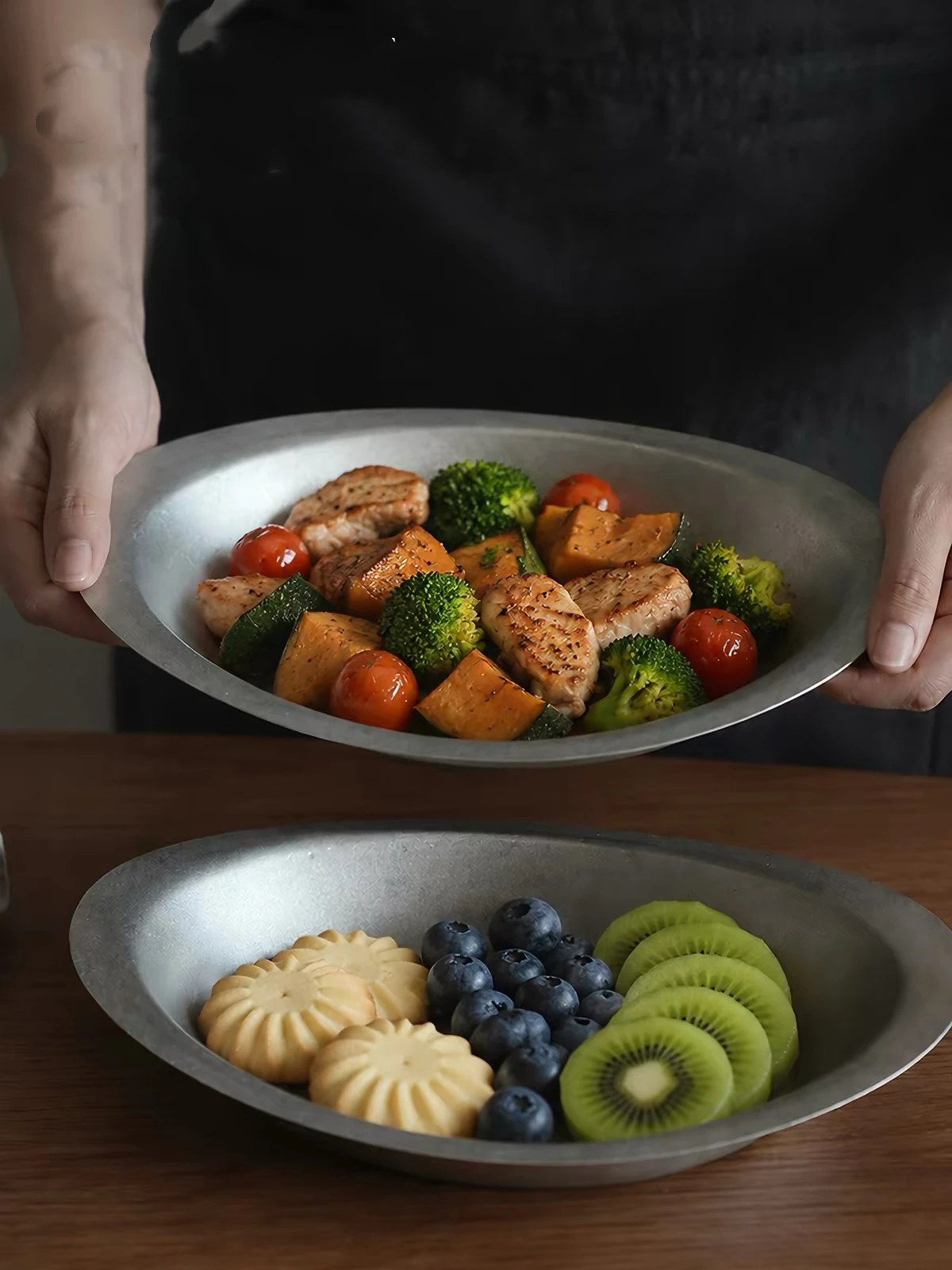 2/4pcs vintage Tableware for Outdoor Camping, High-Value Appearance Stainless Steel Dinner Plates, Curry Plates, Deep Plates,