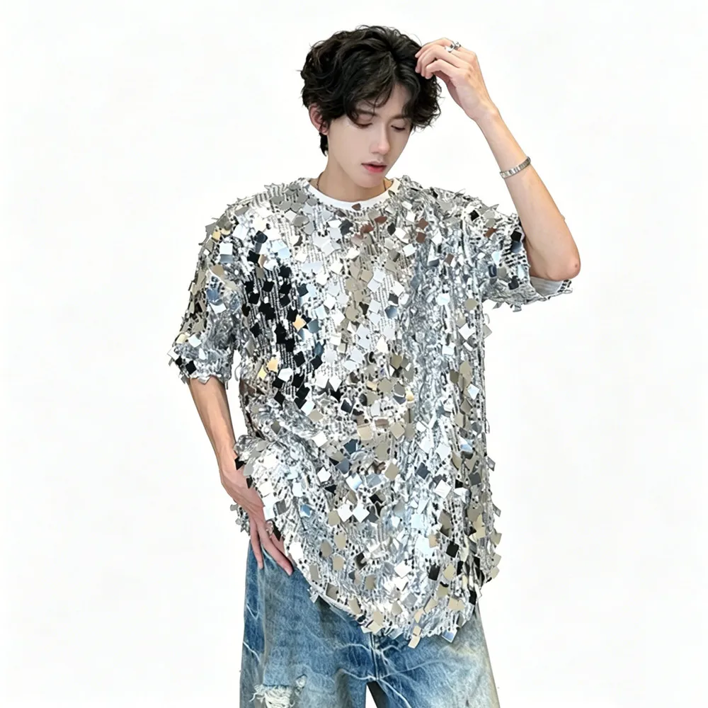 Camiseta De Manga Corta Plateada Con Lentejuelas Para Hombre, Estilo Hip Hop, Streetwear, Corte Holgado, Ideal Para Discoteca, Fiestas, Actuaciones En Escenario. — -40%, 33.33€ Coupon, from 49.99€ – 40% descuento – €49.99