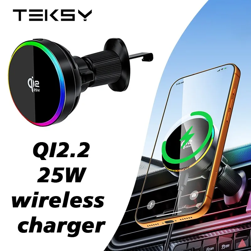 Carregador Magnético Sem Fio RGB Qi2.2 25W para Carro com Ventilador de Resfriamento e Suporte para Celular, Compatível com Magsafe iPhone 17 16 15 14 13 12, Carregamento Rápido