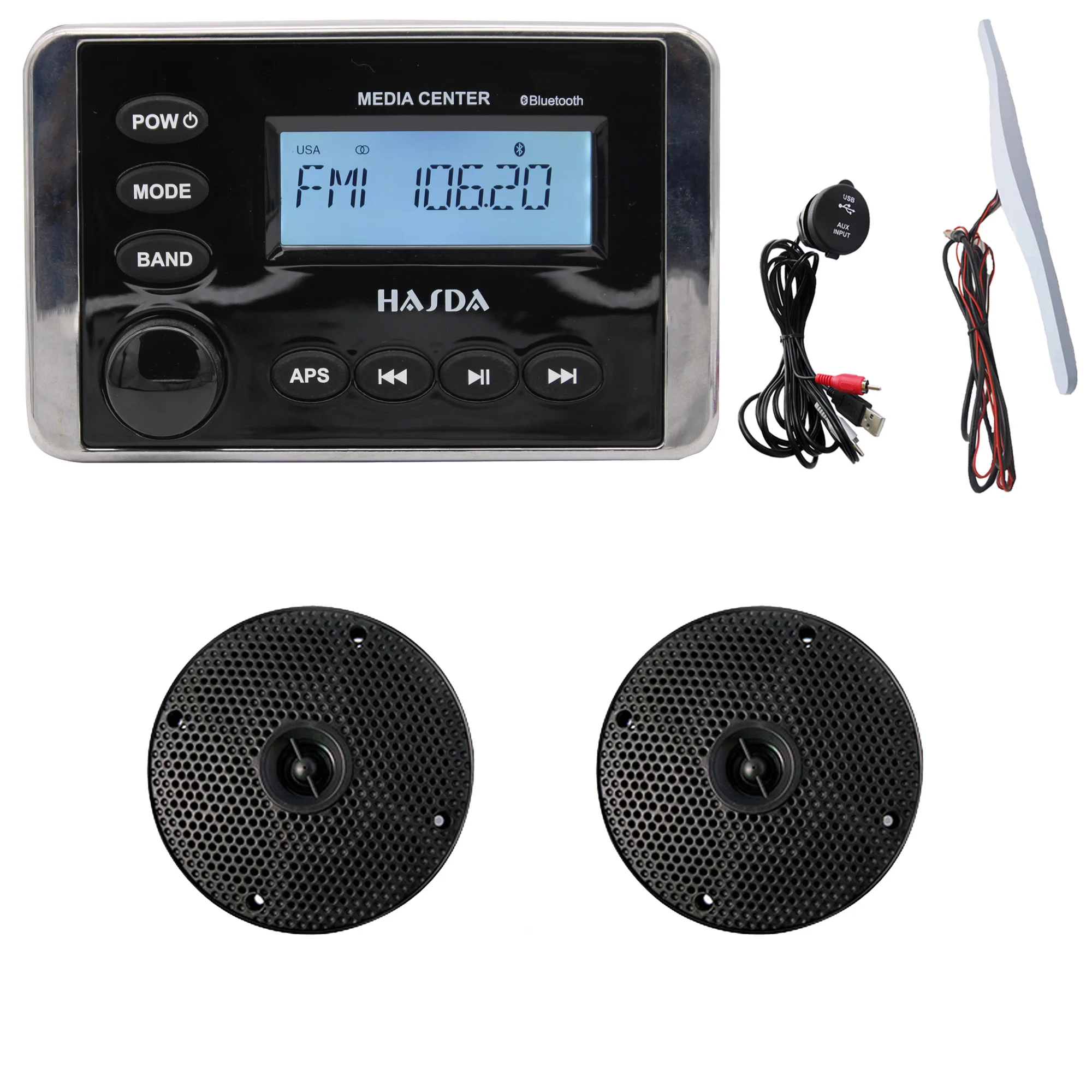 

S Водонепроницаемые морские 4-дюймовые динамики H-5104 * 2 + Bluetooth-радио MP3-плеер H-336 + USB-кабель даты + костюм антенны