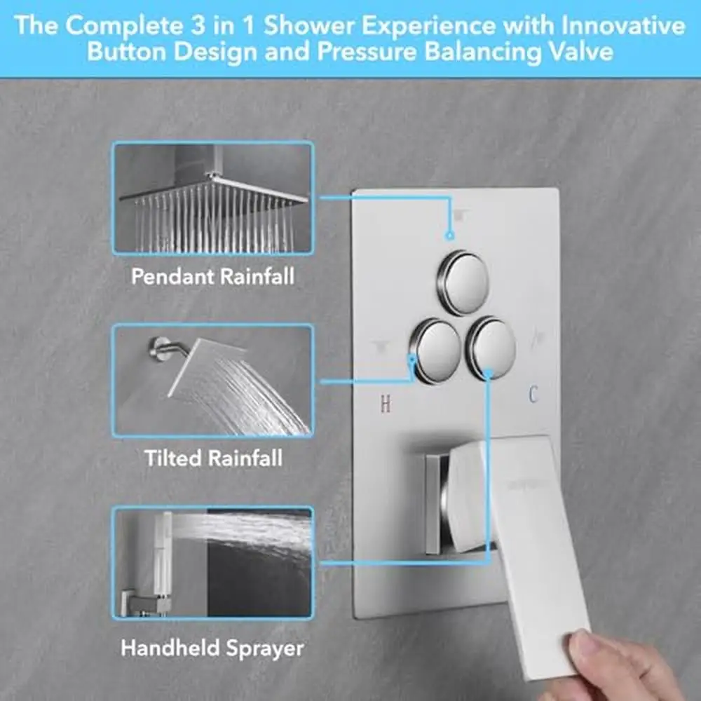 10 Inch Ceiling Mount Brushed Nickel Shower System Push Button Diverter & 2-in-1 Handheld Shower Head High Pressure Rainfall