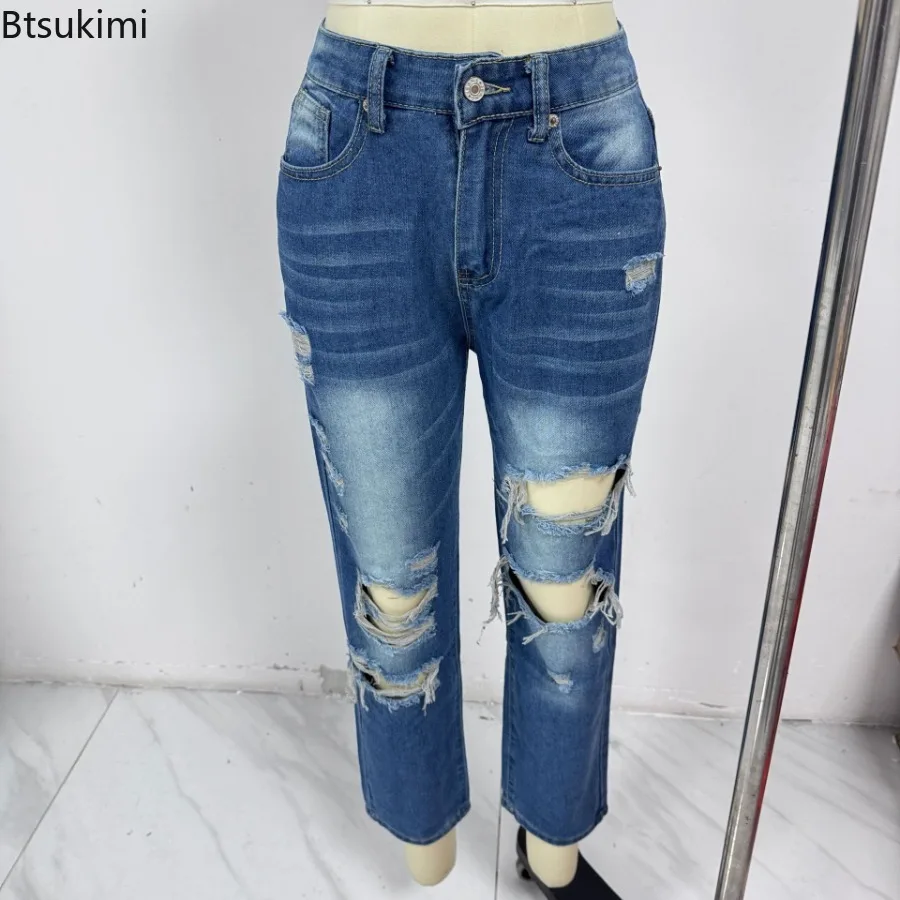 2025 New Spring Summer Hole High Waist Women's Jeans Retro Slim Fit Trousers Capris Baggy Jeans Casual High Street Denim Pants