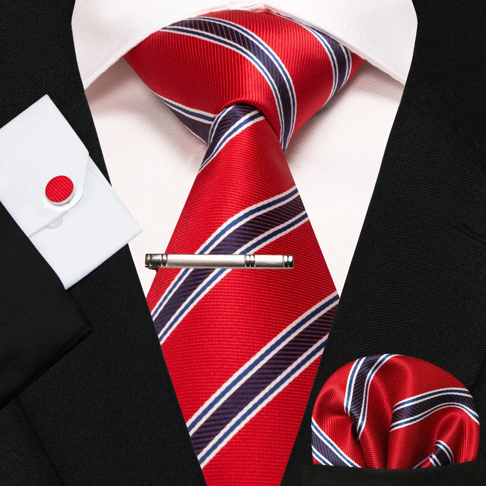 KAMBERFT Neue Klassische Seidenkrawatte für Herren Rot-Gold Gestreift Herrenkrawatte Taschentuch Manschettenknöpfe Set Hochzeit Business Party Gravatas – Detail 28