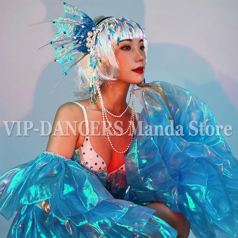 Mermaid Headwear Sexy Rhinestone Bikini Laser Sleeve Nightclub Jazz Dancing Performance Outfit Gogo Dancer Costumes VDB5325