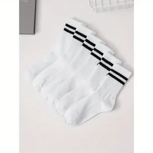 Medium -length socks for men, high, black and white tube, parallel, popular bars and sweat absorption, 6 pairs 8 Main Sales White Pantyhose - №2