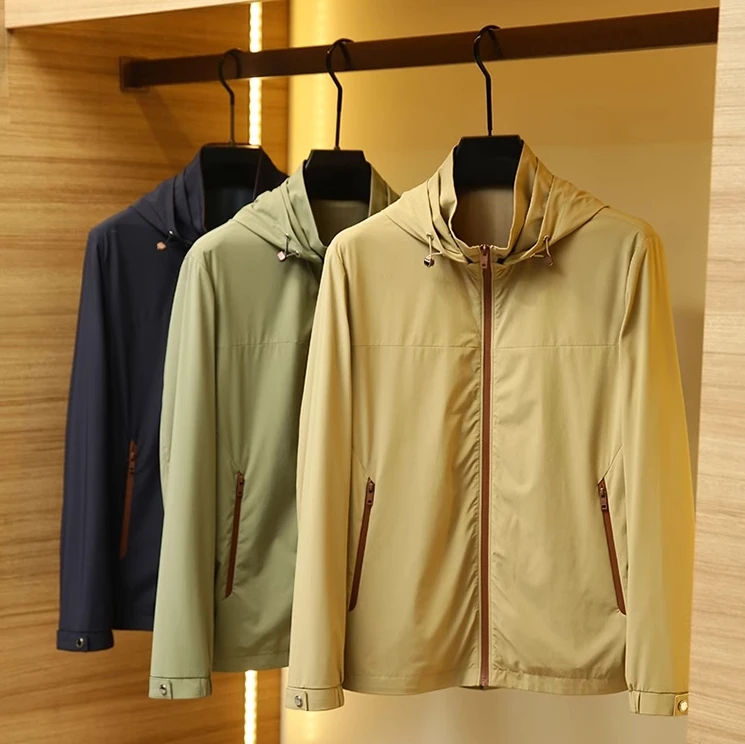 

Italian Luxury Milk Silk Men's Jaet Spring Summer Removeable Hat Collar Stand up Trendy Outerwear Long Sve Stand Fit