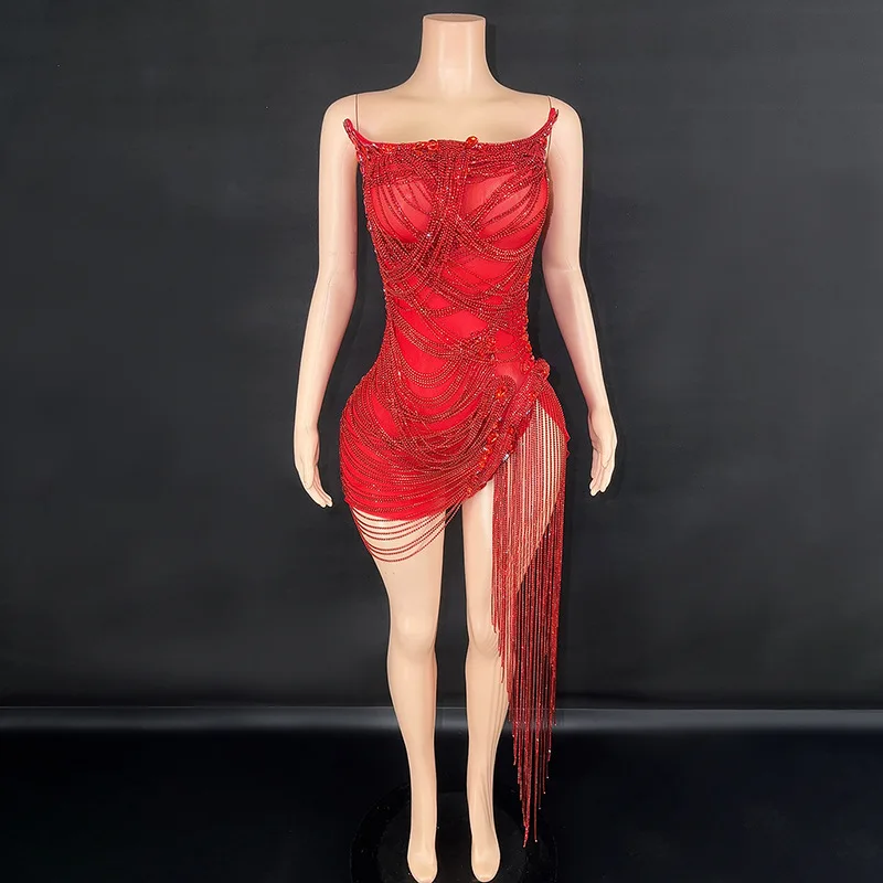 

Sparkly Red Rhinestones Fringes Mesh See Through Short Dress for Women Sexy Celebrate Birthday Wedding Evening Prom Dress