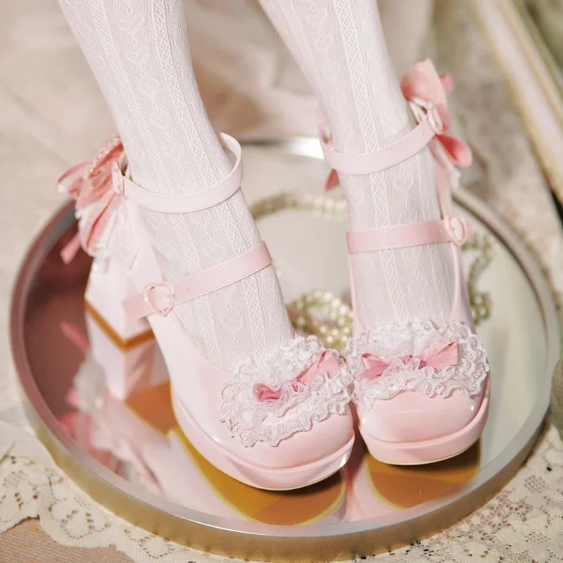 

Lolita Shoes For Girls Mary Jane Cute And Sweet Waterproof High Heels Lolita High Heels Japanese Lace Elegant Leather Shoes
