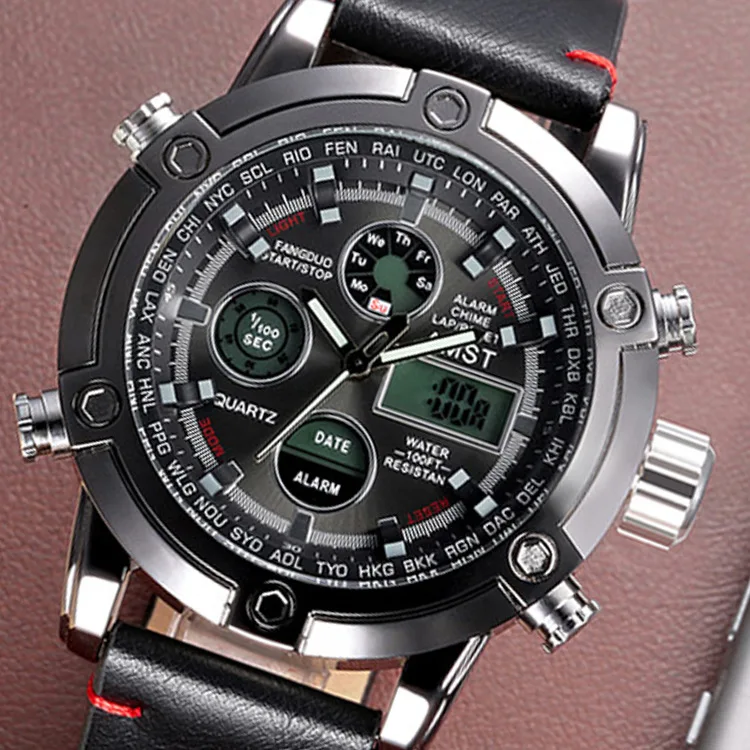 

Популярные модные часы AMST с атмосферным дизайном, многофункциональные, из натуральной кожи, с электронным двойным дисплеем, студенческие часы.