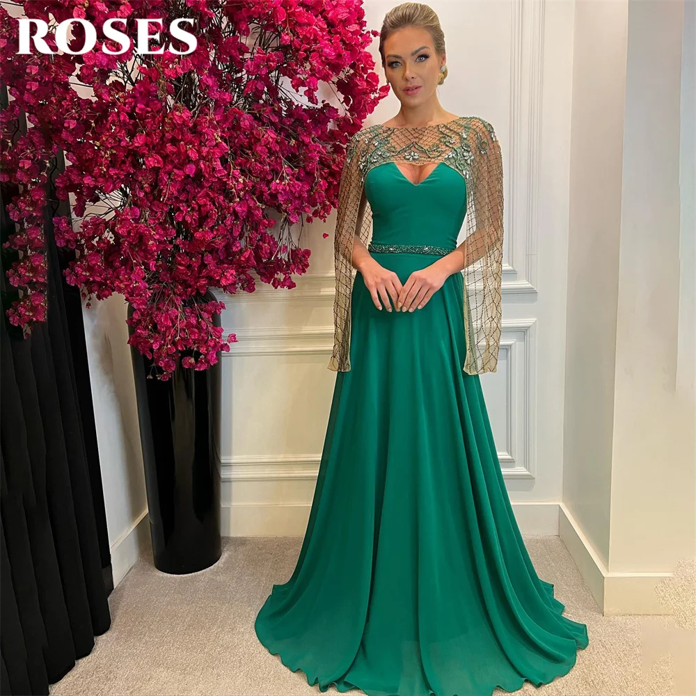 

ROSES Green Beach Formal Dresses Sequin Beading Party Dress For Wedding O Neck Chiffion Special Occasion Dresses robe soirée