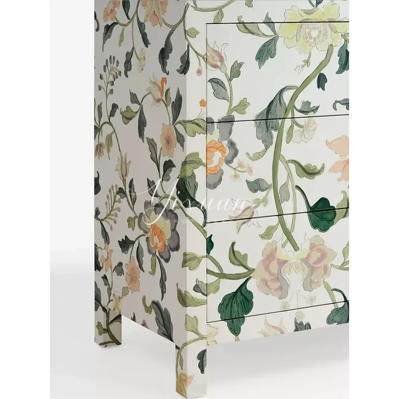 Retro Hand Painted Plants Flowers White Cream Three Bucket Cabinet Simple Furniture Customization