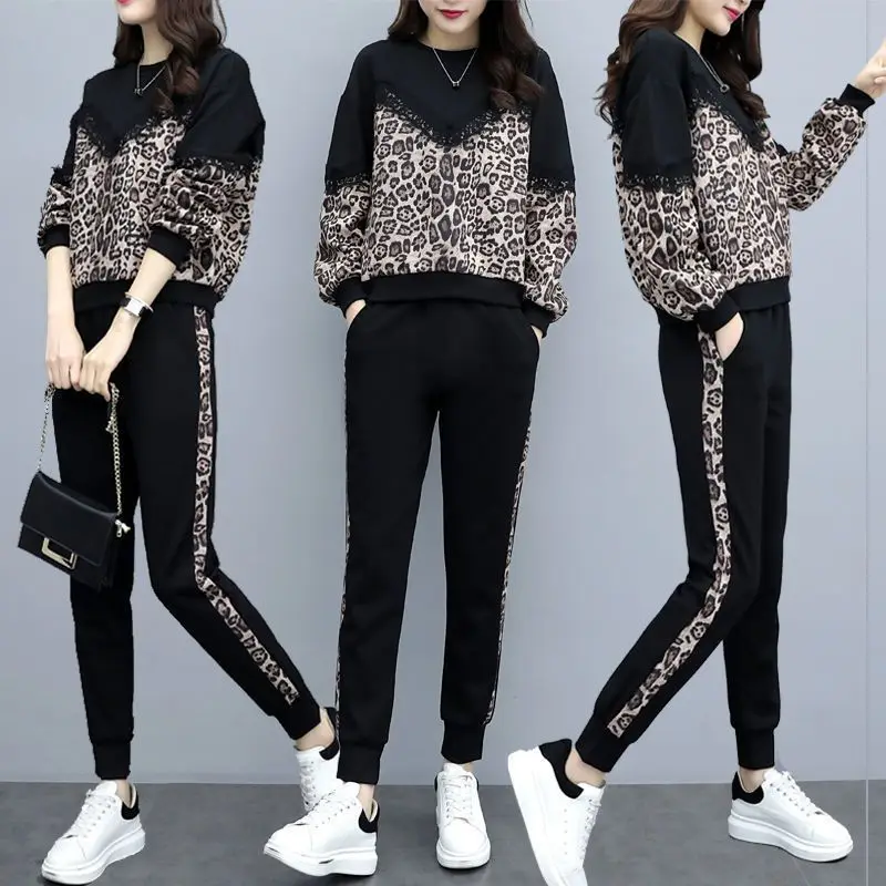 

Spring and Autumn Trend Loose Commuting Two-piece Fashion Leopard Print Long-sleeved Shirt Trousers Casual Sportswear Set