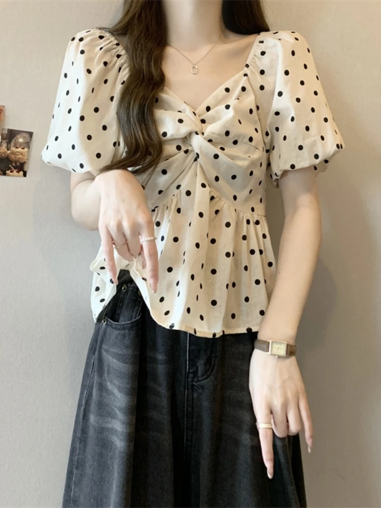 

Sweet Bubble Sleeve V-Neck Chiffon Shirt Women Summer plus Size Slimming Waist Cinched Belly Concealing Polka Dot Top