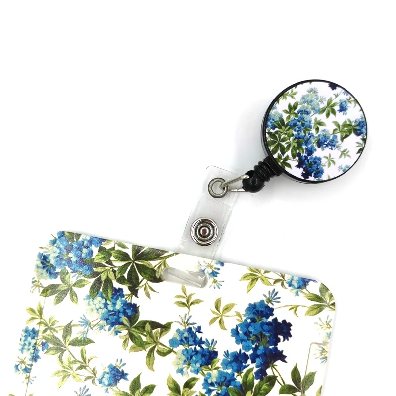 Blue Green Flowers Fashion Women Card Holder Lanyard Colorful Retractable Badge Reel Nurse Doctor Student Exhibition ID Card