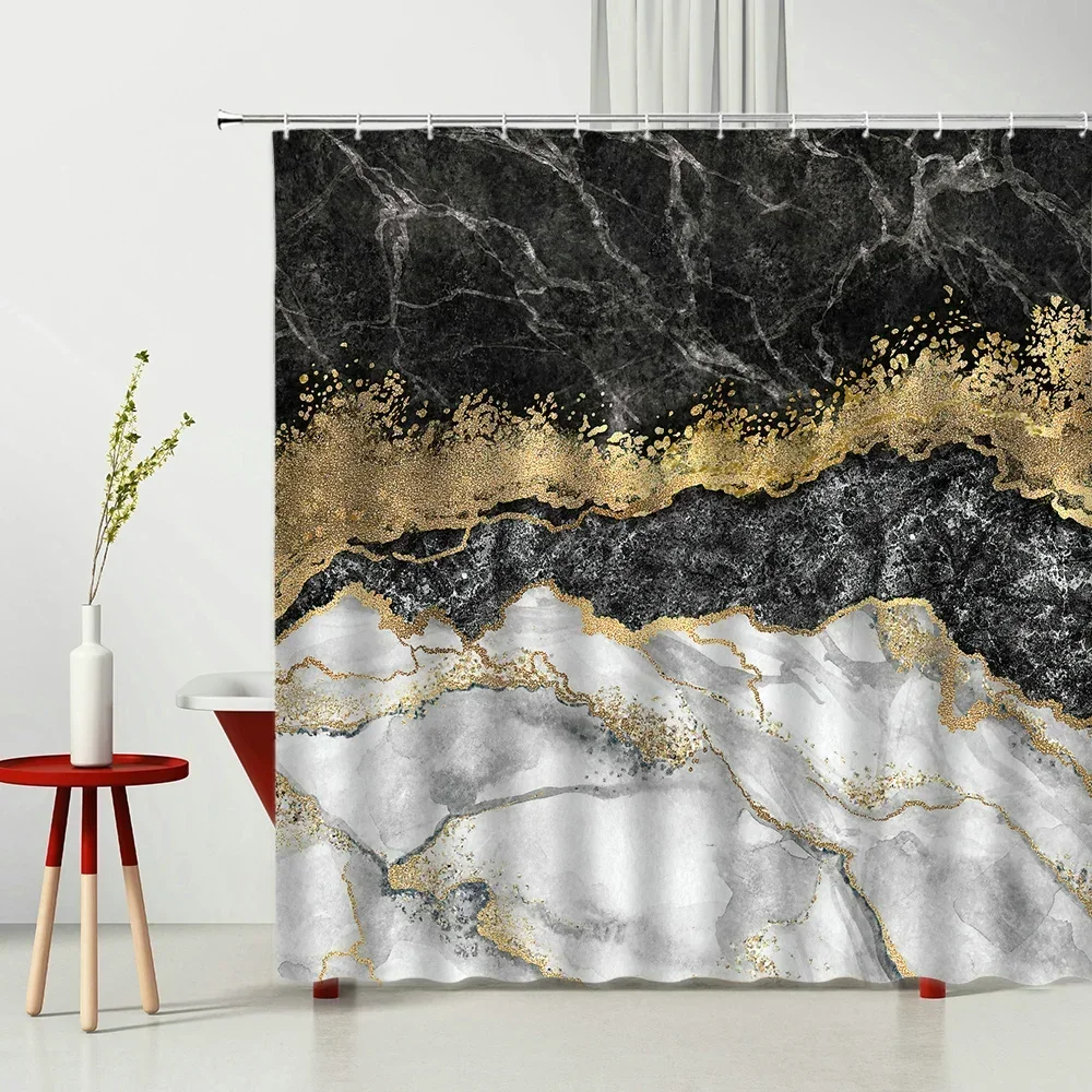 Marble Texture Luxury Bathroom Shower Curtain Modern Polyester Fabric Shower Curtain Bathtub Accessories Bath Screen with Hooks