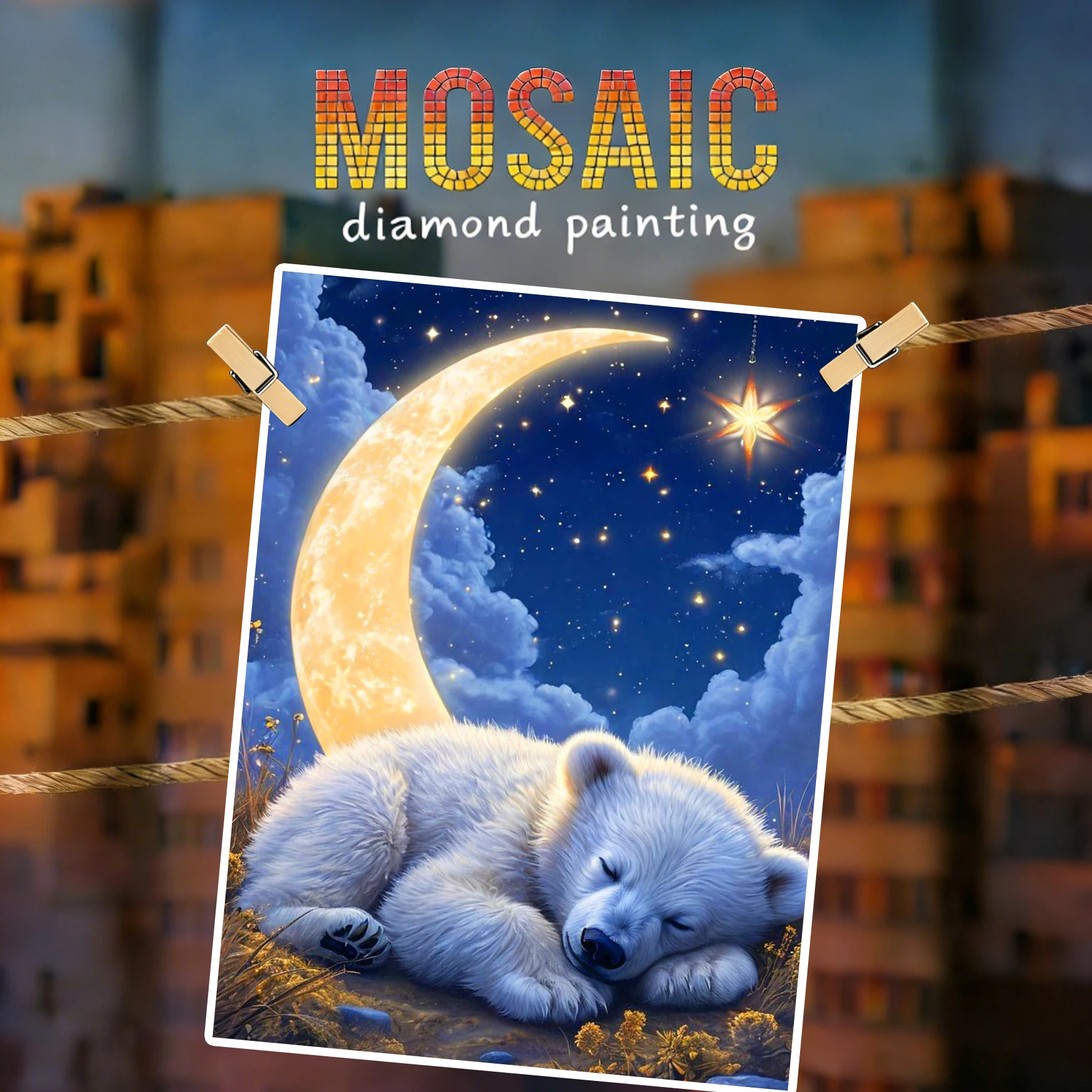 AZQSD Diamant-Gemälde, Bär, Tier, Mosaik, Mond, quadratisch, rund, mit Strass-Bild, komplettes Set, Wanddekoration