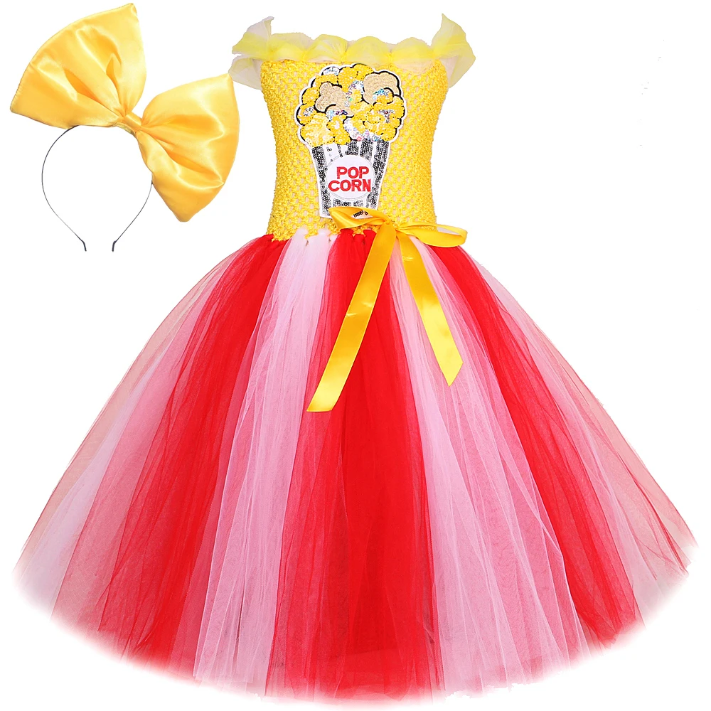 Red Yellow Popcorn Long Dresses for Girls Birthday Party Halloween Costumes Kids Christmas Tutus Performance Outfit with Big Bow