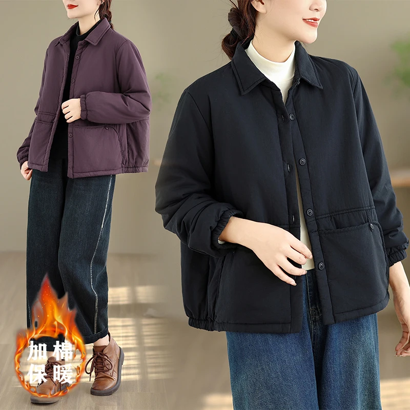 

Slimming Winter Cotton Jaet Loose ort Sle Stand Collar Turn-down Collar Faionable All-matching Pure Color Women's Coat