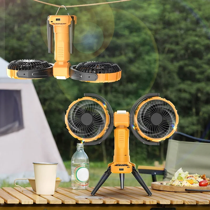 F7300 Portable 8000 mAh rechargeable dual heads cordless fishing tent hanging fan, camping fan, outdoor ceiling fan