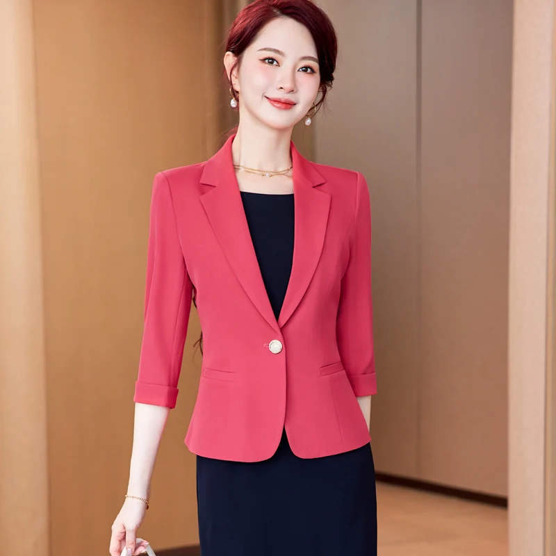 NAVIU Elegant ผู้หญิง Blazer ฤดูใบไม้ผลิฤดูร้อนใหม่ Professional Slim ครึ่งแขนเสื้อสํานักงานสุภาพสตรี Casual Work Coat Tops