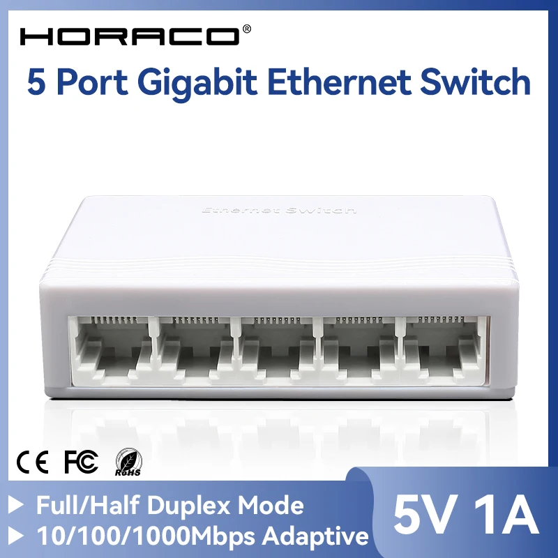 

HORACO 5 Port Gigabit Network Switch Unmanaged 1000M Mini Switch Desktop Plug and Play Ethernet Switch