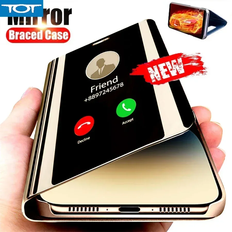 

Case For iPhone 16 15 14 13 12 11 Pro Max Plus XS Max XR 16Plus SE 2024 Luxury Smart Mirror Flip Leather Plating Stand Case
