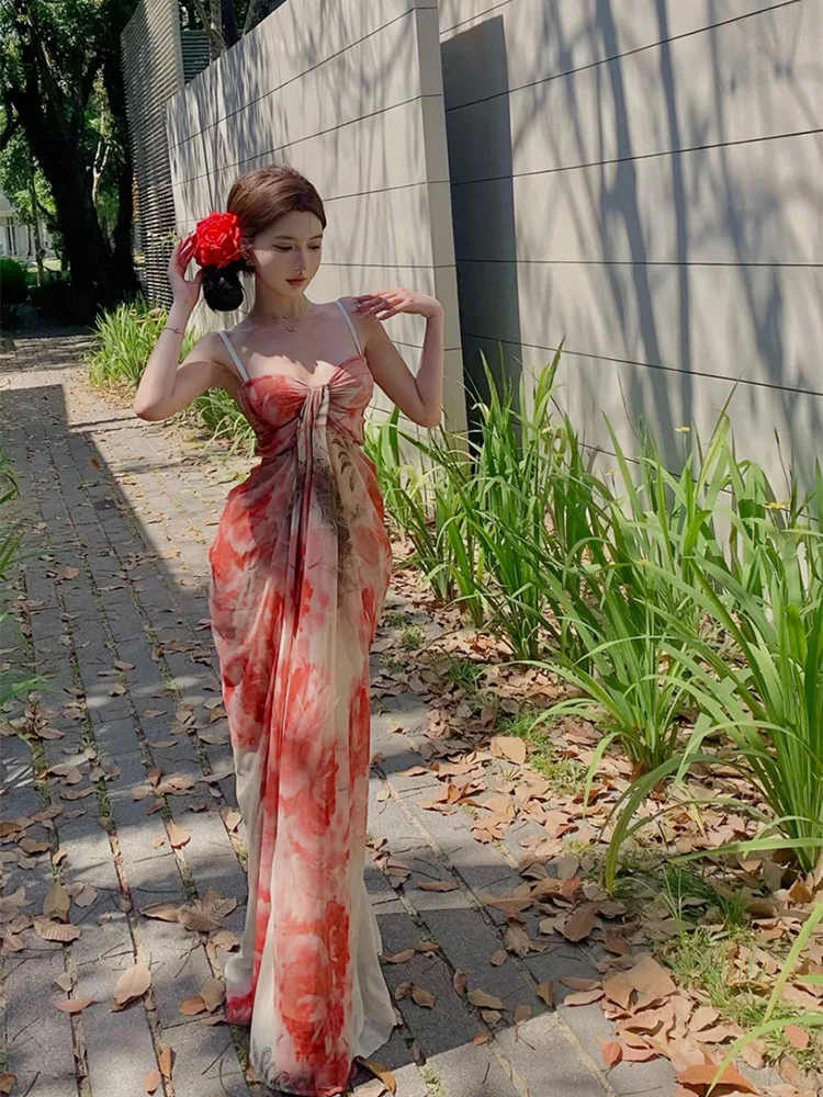 

STAZF7 Tie-Dye Floral Maxi Dress Women's Spring Summer Vacation Feelings plus Size Strapless A-Line Dress Korean Style