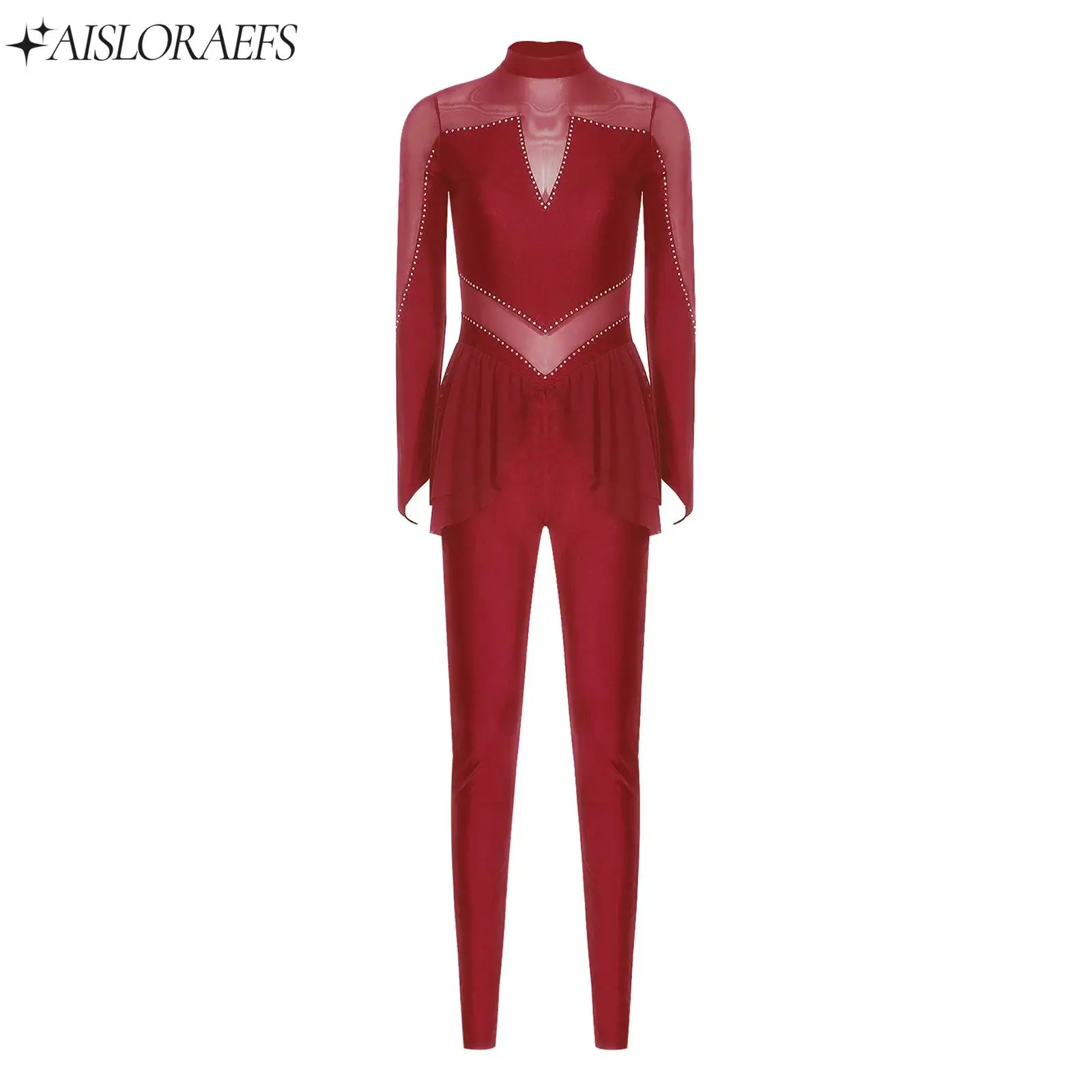 

Figure Skating Dance Jumpsuit for Womens Rhinestone Mesh Long Sleeve Workout Jumpsuit for Yoga Gymnastics Dance Party Ballerina