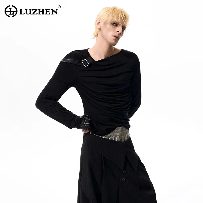 

LUZHEN 2025, осенние новые оригинальные кожаные бретели, украшенные футболки с длинными рукавами, мужская модная красивая тонкая одежда JY4392