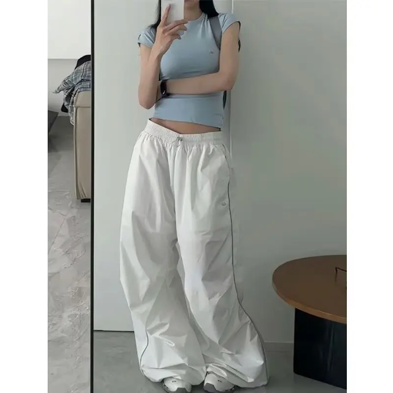 

White Parachute Pants Y2k Baggy Kpop Pleated Trousers Hip Hop Style Oversized Korean Streetwear Wide Leg Joggers Harem Pants