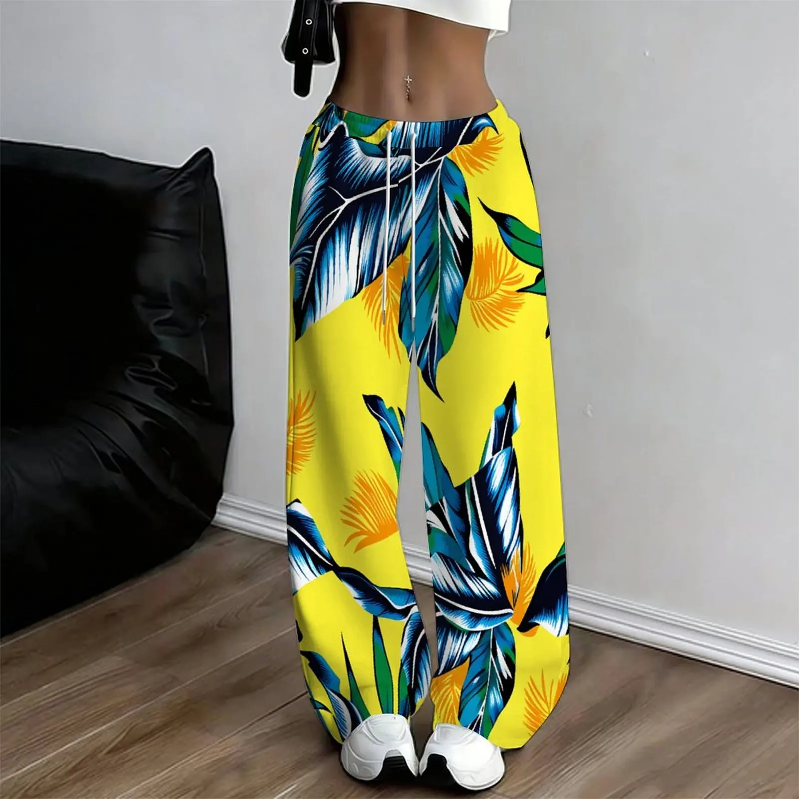 Women Multicolor Spiral Print Wide Leg Pants Elastic Waist Drawstring Loose Fit Summer Casual Beach Resort Long Trousers Stree