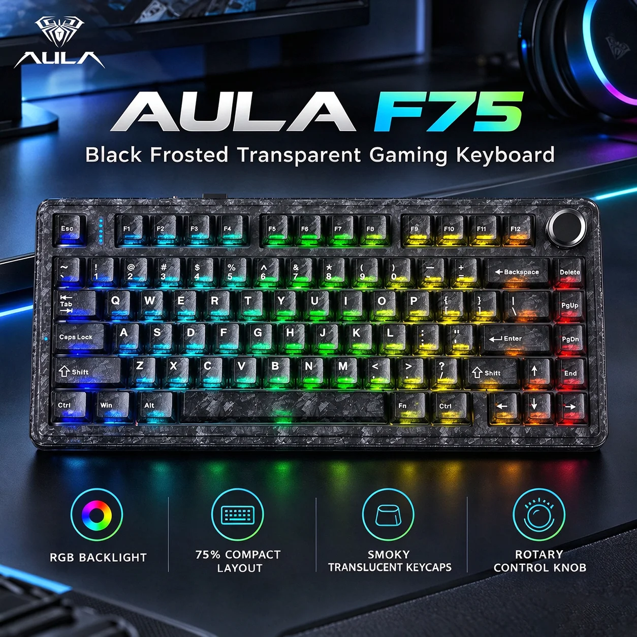 AULA F75 Master 75% Mechanical Keyboard Tri-Mode Dual 8K Polling Rate Hot Swappable 8000mAh RGB Forged Carbon Keycaps Gaming KB