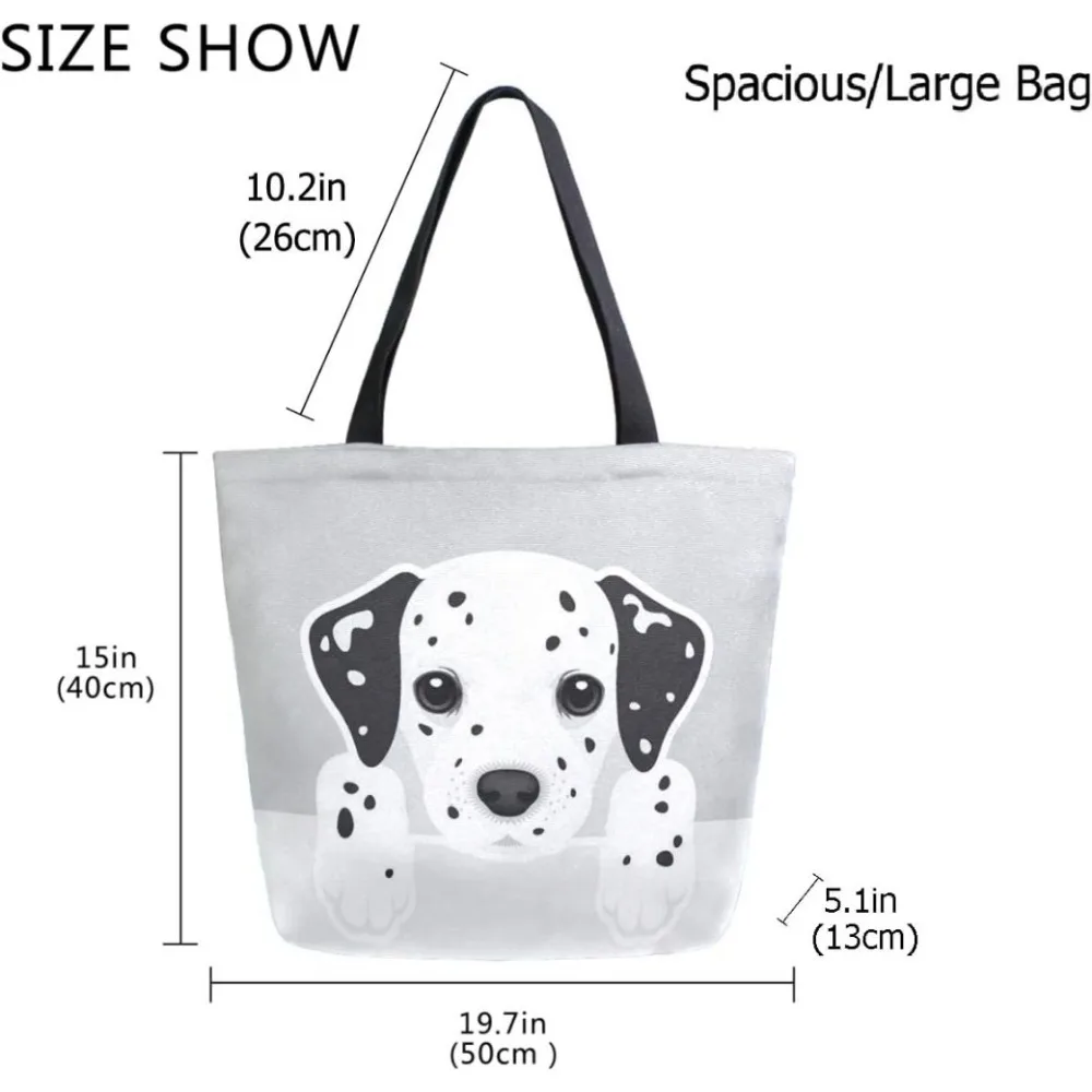 Cute Cartoon Dalmatian Dog Extra Large Canvas Shoulder Tote Top Storage Handle Bag for Gym Beach Weekender Travel Shopping