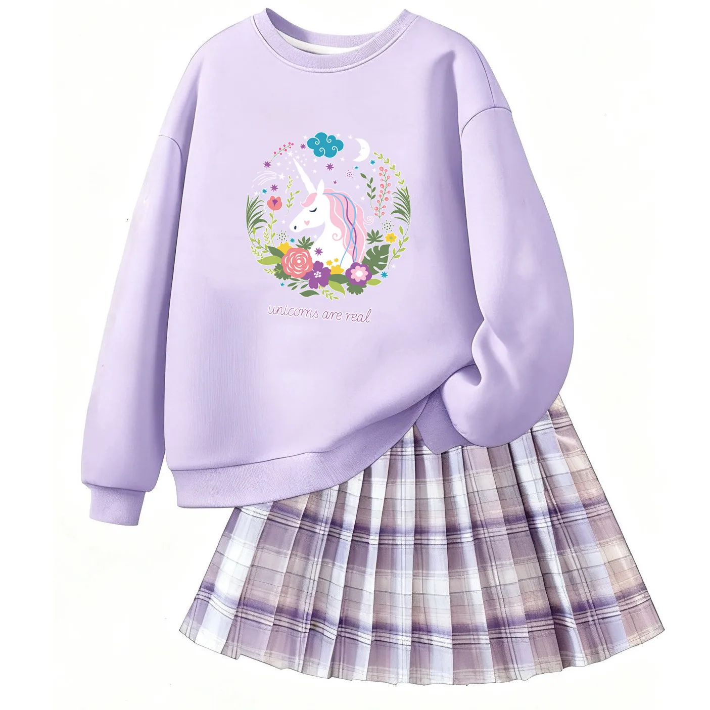 Zweiteiliger, lässiger Einhorn-Langarmpullover für Mädchen im College-Stil und rosa karierter kurzer Rock, Frühlings- und Herbstoutfit DJSHH1
