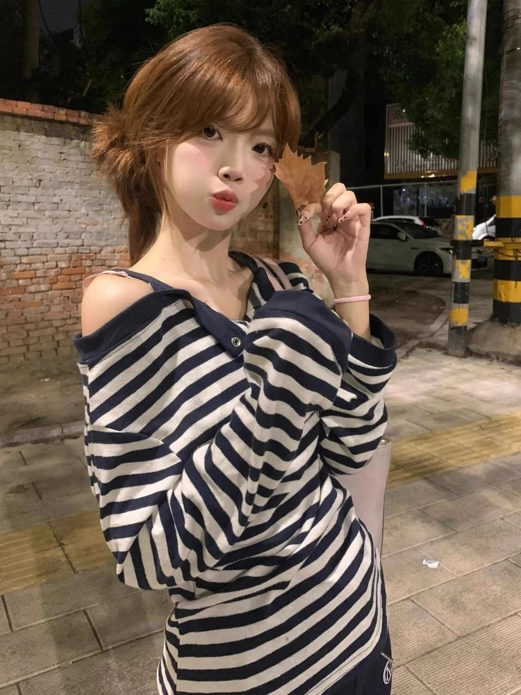 

Y2k Aesthetic Striped Slash Neck Grunge T-shirt Harajuku Letter Embroidery Vintage Tops Streetwear Autumn Casual Loose Tshirt