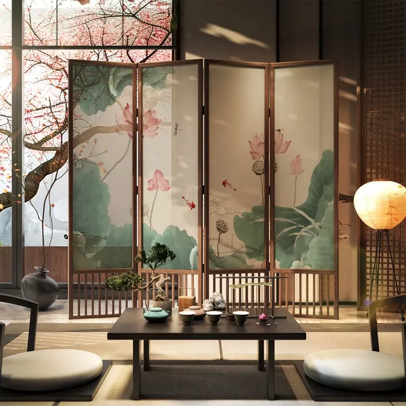 for New Chinese Style Movable Solid Wood Bamboo Screen Partition Folding Room Divider for Living Room Dining Room Entrance