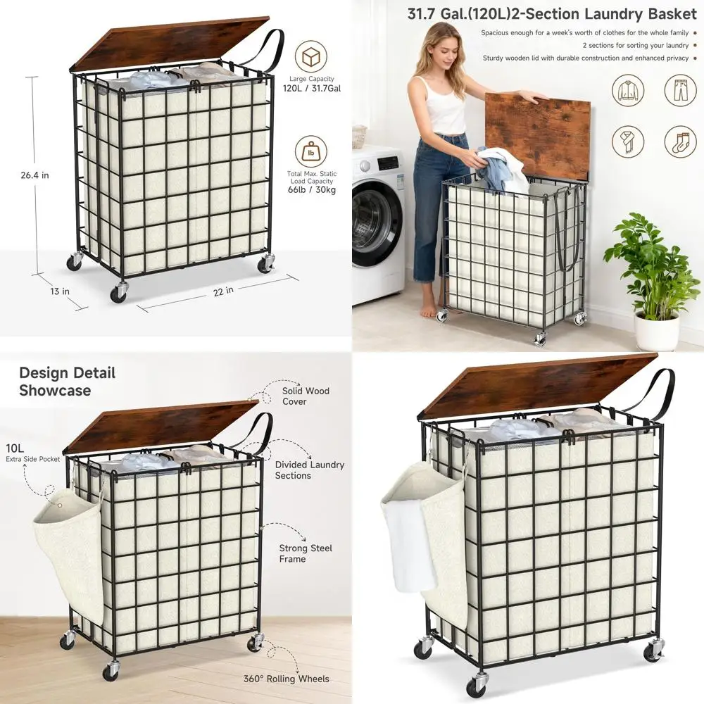 

Wheeled Heavy-Duty 2-Section Laundry Sorter Hamper with Large Capacity, Wooden Lid, 360° Rotation, Side Pocket, and Leather Hand