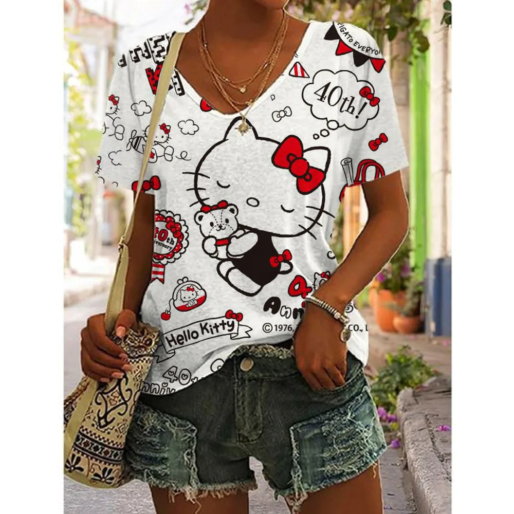 Cartoon T-shirt women\'s Hello Kitty printed short sleeved beautiful V-neck women\'s T-shirt casual summer top women\'s plus size