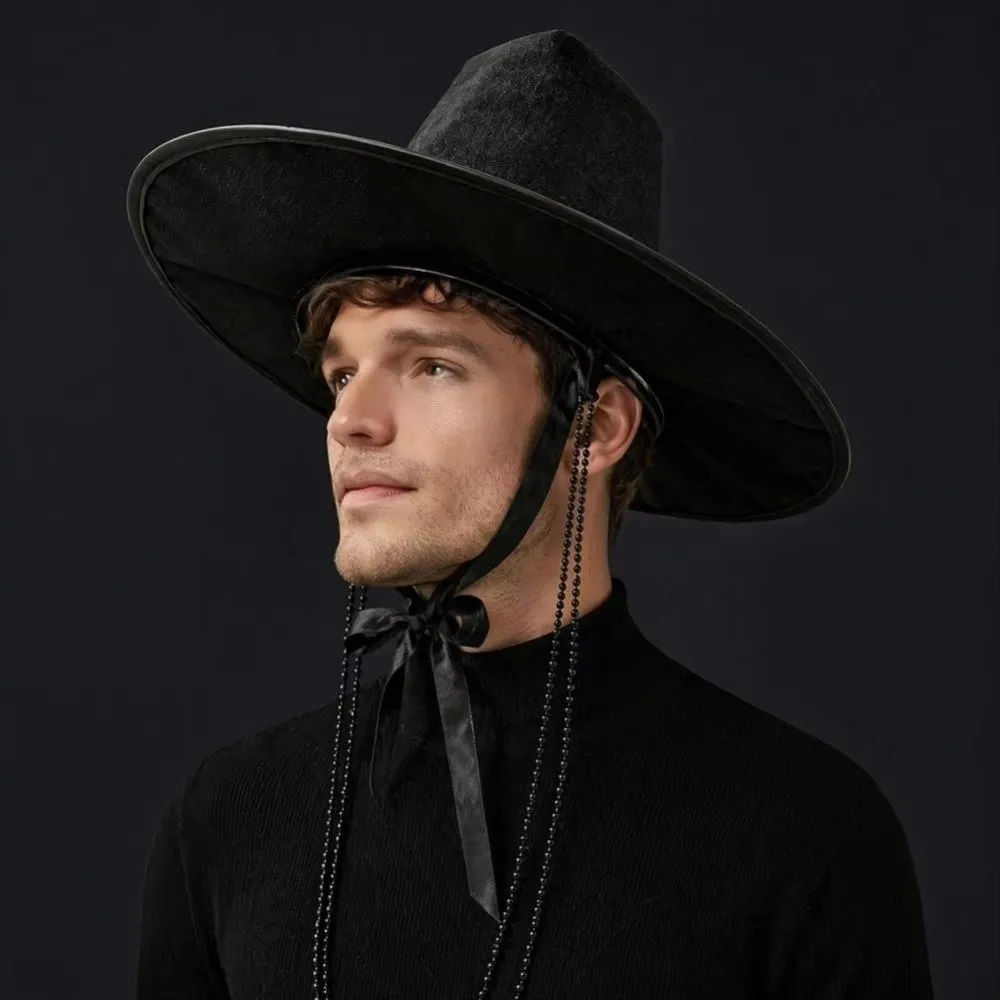 Beaded Chain Traditional Korean Hat Flat Top Design Stage Performance Style Cosplay Accessory Hat Korean Traditional Shape