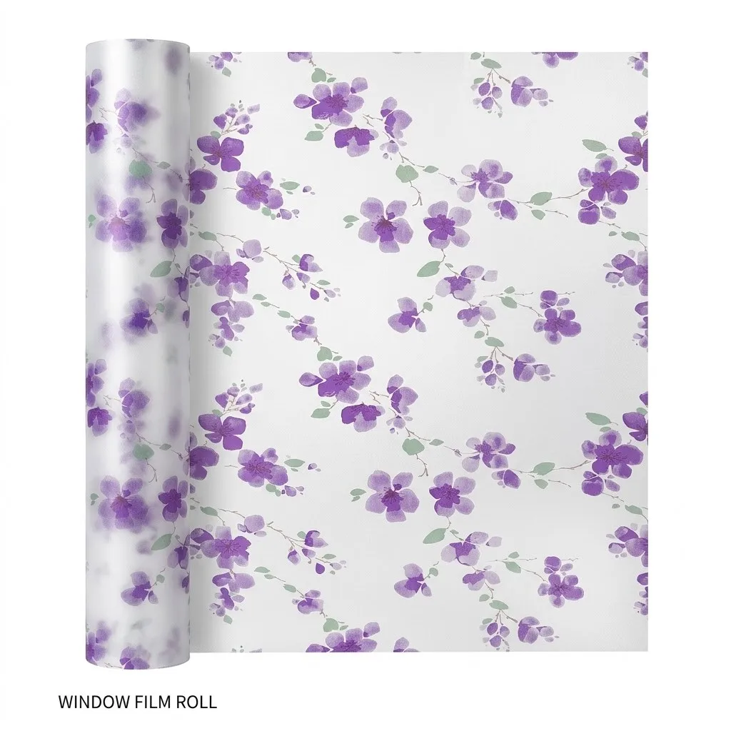 Self‑Adhesive Purple Floral Frosted Window Film Decorative Flower Pattern Privacy Glass Sticker Anti‑Peep Window Decal for Home