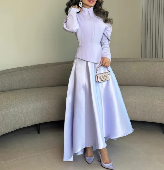 High Quality Customized High Collar Blue Ankle Length Full Sleeves Woman Платье Корейский Стиль Vestidos De Fiesta Para Bodas
