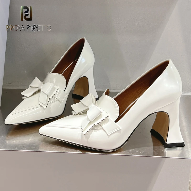 

Exquisite Genuine Leather Women High Heel Pumps Shoe Chunky Heel Sexy Bowtie Decor Party Wedding Sapatos Female New Shoe