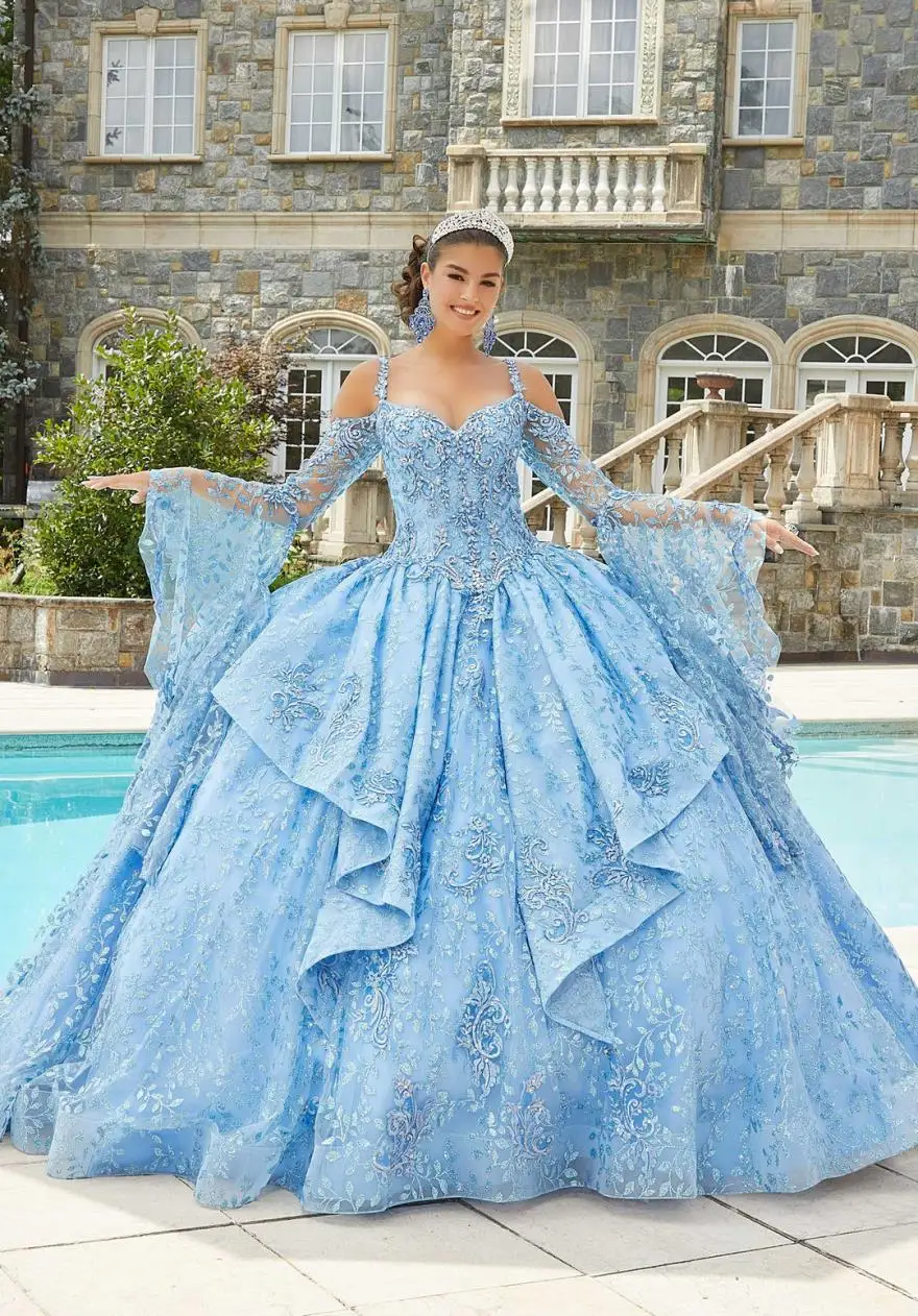 Lorencia eleganckie Quinceanera sukienki 2023 z długim rękawem koronkowe aplikacje Spaghetti słodkie 15 16 sukienka suknia wieczorowa Vestidos YQD44