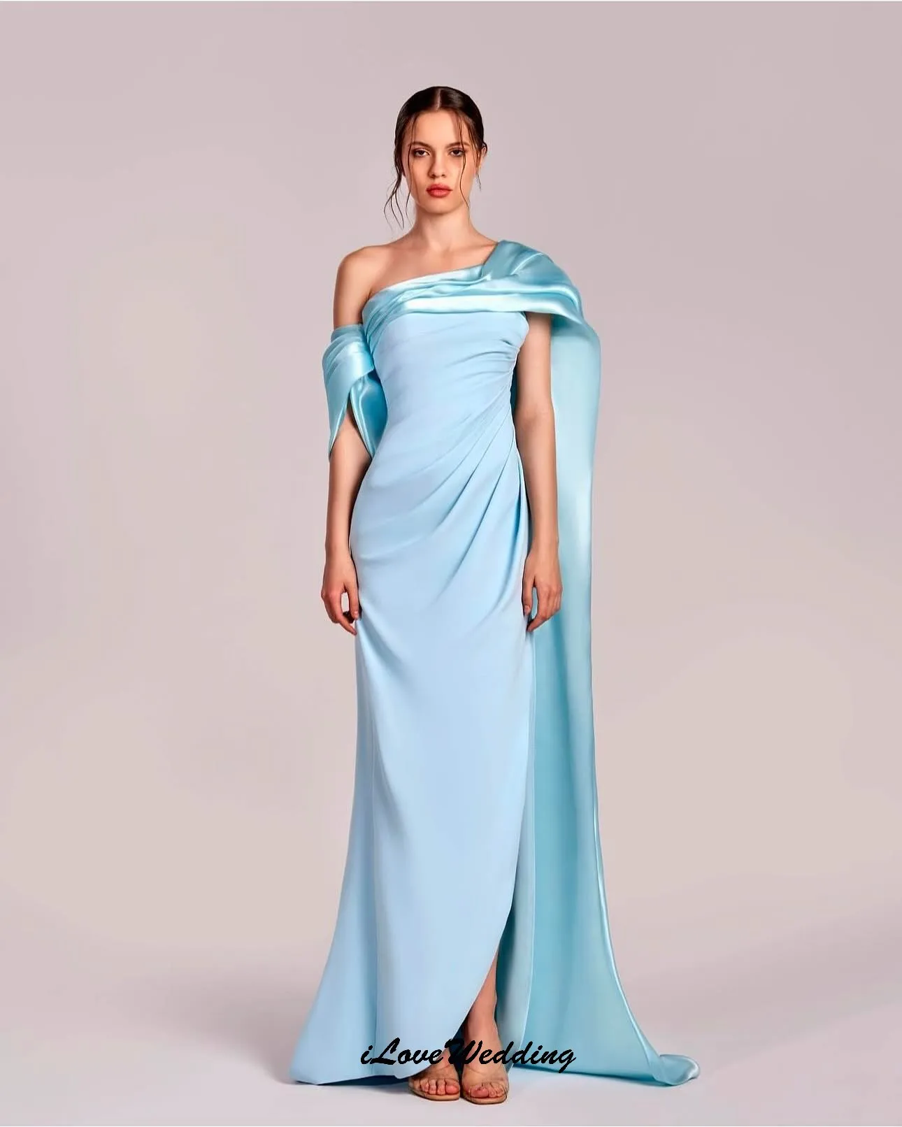 

Sky Blue One Shoulder Long Evening Dresses 2025 Party Dress For Woman Ruched Floor Length Ribbons Prom Dresses Gala Customized