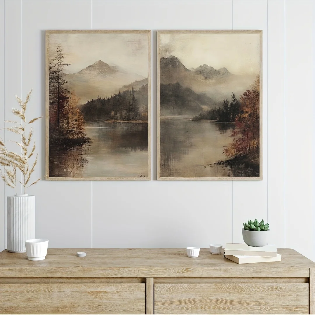 2 Stück Vintage-Poster mit Moody Mountain Forest Lake-Motiv, ungerahmte minimalistische Academia-Landschafts-Wandkunst-Leinwand für die Dekoration des Wohnzimmers