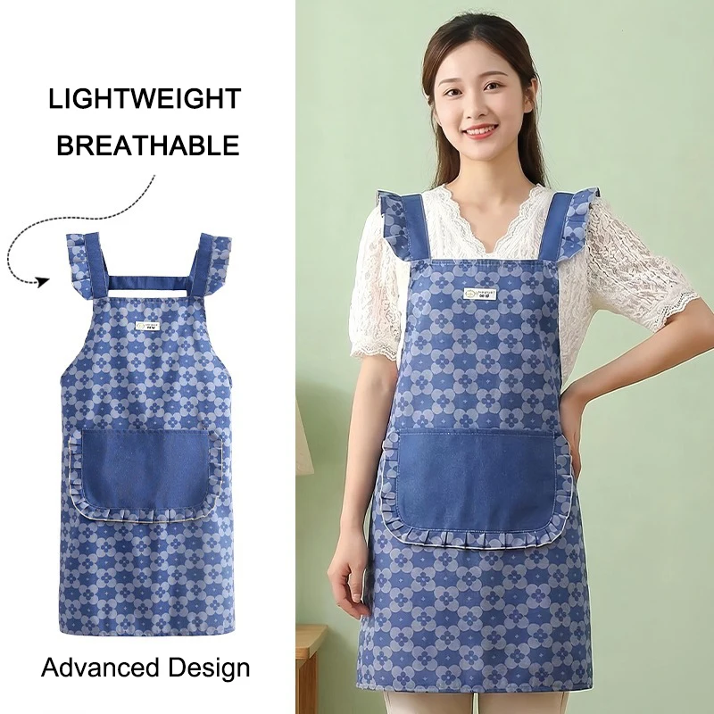 Vest Style Ruffle Shoulder Strap Apron Blue Floral Print Lightweight Breathable Kitchen Cooking Household Cleaning Apron