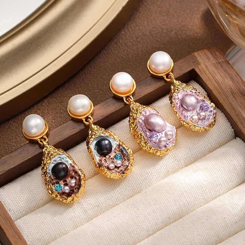 

Luxury Freshwater Pearl Earrings Women's French Court Enamel Fashion Earrings
