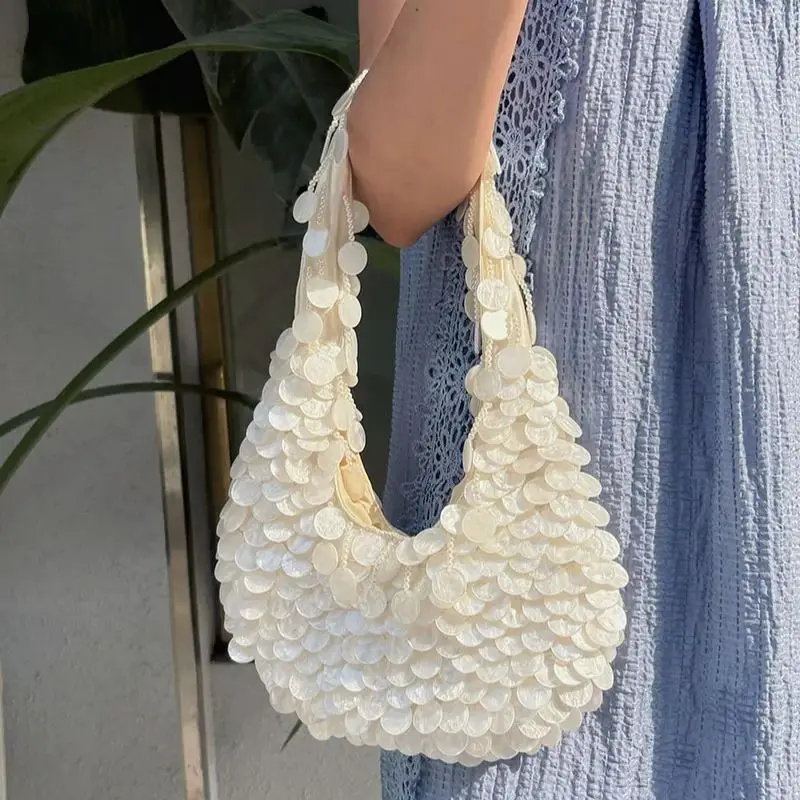 

Fashion Shell Beaded Handmade Single Shoulder Rhinestone Pearl Diagonal Hand Armpit Bag Women's Wedding Party Bag